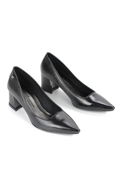 Nevra Esnek Yumuşak Kaymaz Taban (7 cm) Siyah Rugan Kadın Kalın Topuklu Ayakkabı