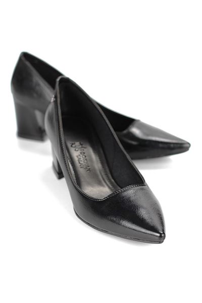 Nevra Esnek Yumuşak Kaymaz Taban (7 cm) Siyah Rugan Kadın Kalın Topuklu Ayakkabı