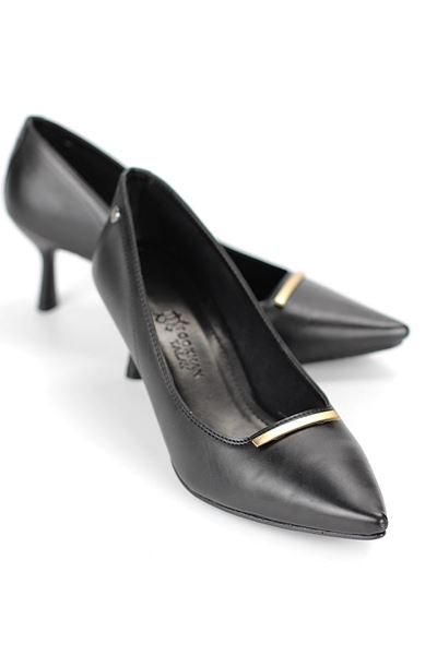 Sasha Esnek Yumuşak Kaymaz Taban (4 cm) Siyah Cilt İnce Çubuk Toka Kadın Topuklu Ayakkabı