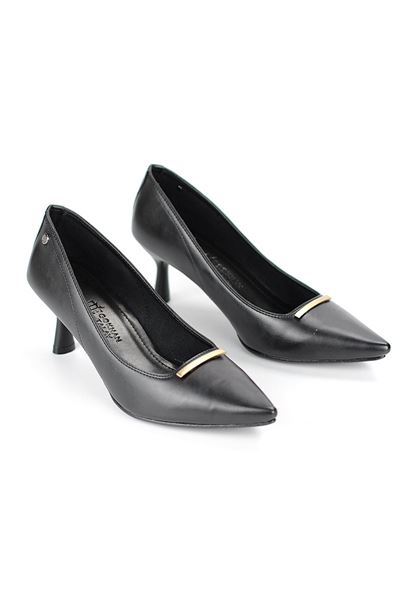 Sasha Esnek Yumuşak Kaymaz Taban (4 cm) Siyah Cilt İnce Çubuk Toka Kadın Topuklu Ayakkabı