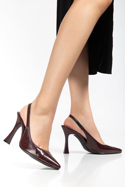 Margaret  Esnek Yumuşak Kaymaz Taban (10 cm) Bordo Rugan  Açık Lastikli Kadın Kalın Topuklu Ayakkabı