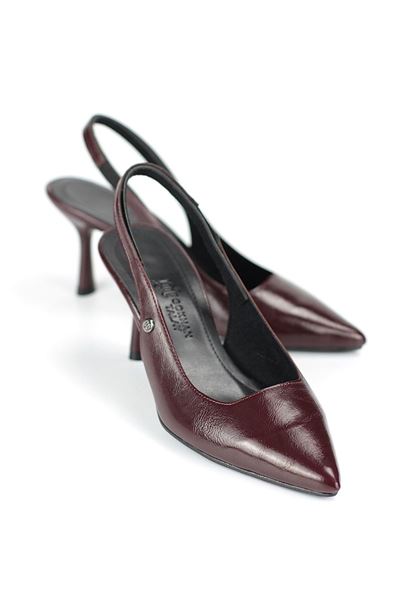  Vivienne Esnek Yumuşak Kaymaz Taban (7 cm) Bordo Rugan Açık Lastikli Kadın Topuklu Ayakkabı