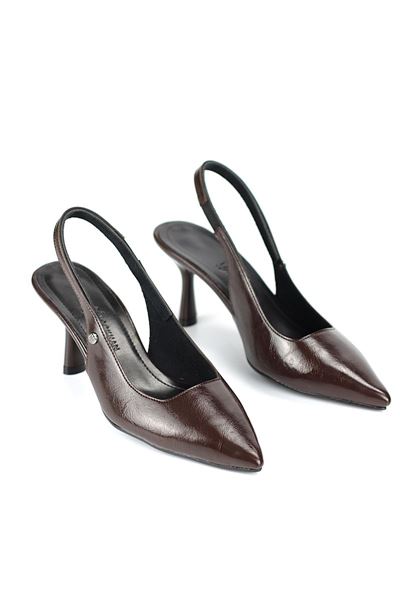  Vivienne Esnek Yumuşak Kaymaz Taban (7 cm) Kahverengi Rugan Açık Lastikli Kadın Topuklu Ayakkabı