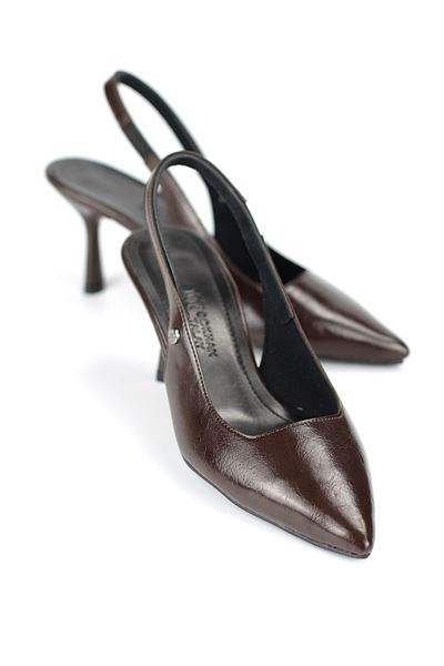  Vivienne Esnek Yumuşak Kaymaz Taban (7 cm) Kahverengi Rugan Açık Lastikli Kadın Topuklu Ayakkabı