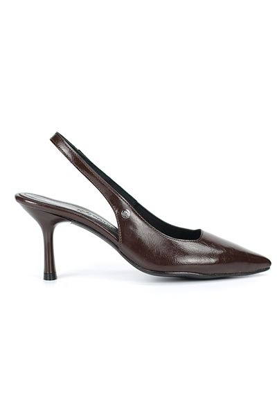  Vivienne Esnek Yumuşak Kaymaz Taban (7 cm) Kahverengi Rugan Açık Lastikli Kadın Topuklu Ayakkabı