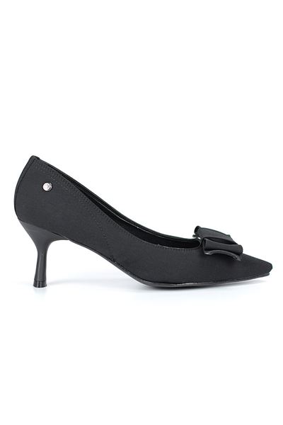 Vellon Esnek Yumuşak Kaymaz Taban (4 cm) Siyah Süet Köşe Fiyonk Kadın Topuklu Ayakkabı