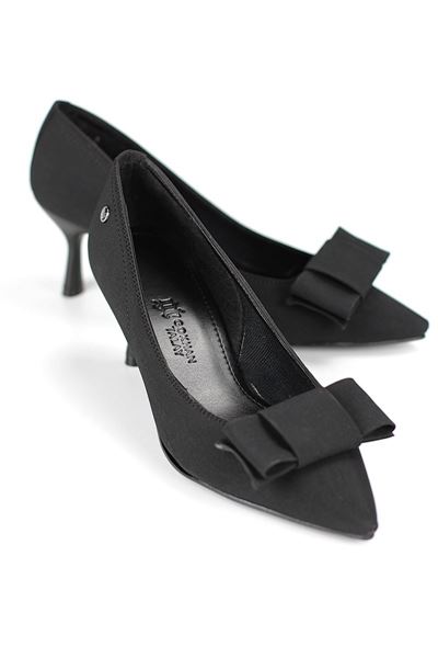 Vellon Esnek Yumuşak Kaymaz Taban (4 cm) Siyah Süet Köşe Fiyonk Kadın Topuklu Ayakkabı