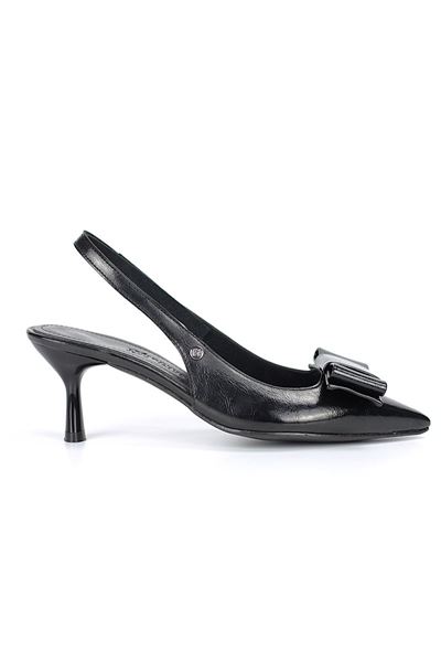 Rivva Esnek Yumuşak Kaymaz Taban (4 cm) Siyah Rugan  Açık Lastikli Köşe Fiyonk Kadın Topuklu Ayakkabı