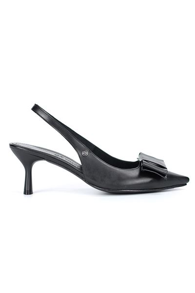 Rivva Esnek Yumuşak Kaymaz Taban (4 cm) Siyah Cilt Açık Lastikli Köşe Fiyonk Kadın Topuklu Ayakkabı