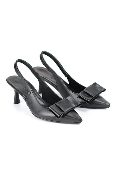 Rivva Esnek Yumuşak Kaymaz Taban (4 cm) Siyah Cilt Açık Lastikli Köşe Fiyonk Kadın Topuklu Ayakkabı