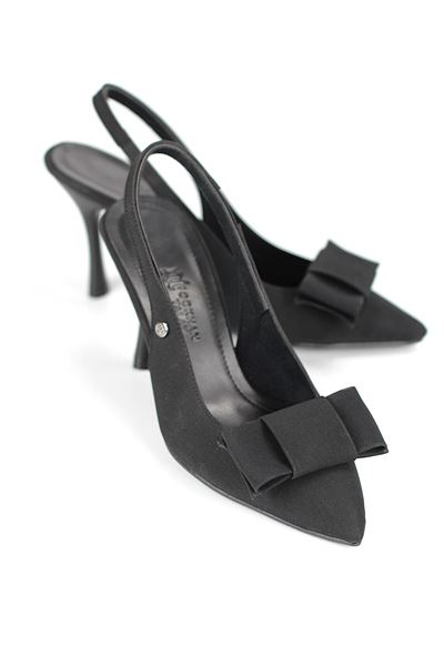 Nivelle Esnek Yumuşak Kaymaz Taban (8 cm) Siyah Süet  Açık Lastikli Köşe Fiyonk Kadın Topuklu Ayakkabı