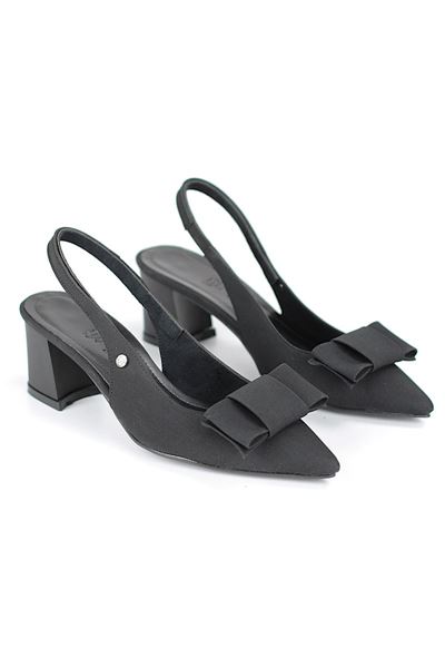 Nira Esnek Yumuşak Kaymaz Taban (4 cm) Siyah Süet  Açık Lastikli Kadın Kalın Topuklu Köşe Fiyonklu Ayakkabı