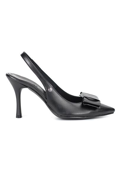 Nivelle Esnek Yumuşak Kaymaz Taban (8 cm) Siyah Cilt  Açık Lastikli Köşe Fiyonk Kadın Topuklu Ayakkabı