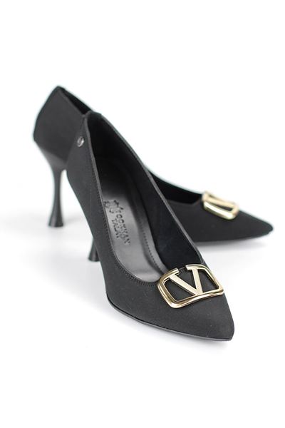 Hana Esnek Yumuşak Kaymaz Taban (8 cm) Siyah Süet V Toka Kadın Topuklu Ayakkabı