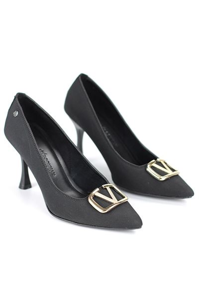 Hana Esnek Yumuşak Kaymaz Taban (8 cm) Siyah Süet V Toka Kadın Topuklu Ayakkabı