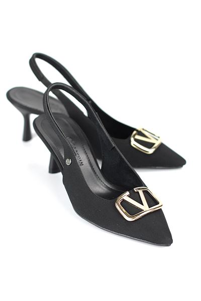 Liselotte Esnek Yumuşak Kaymaz Taban (4 cm) Siyah Süet  Açık Lastikli V Toka Kadın Topuklu Ayakkabı