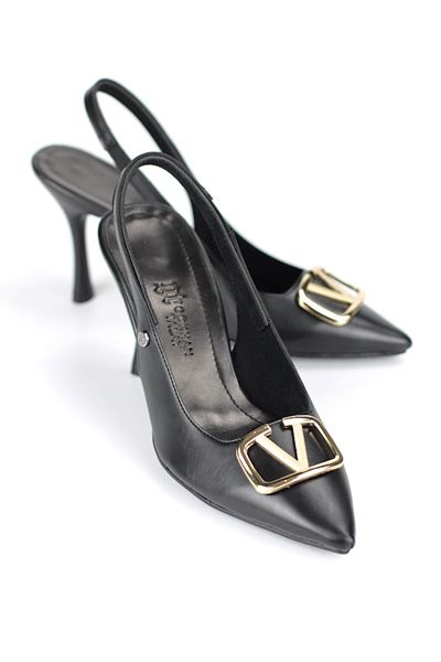 Hilda Esnek Yumuşak Kaymaz Taban (8 cm) Siyah Cilt  Açık Lastikli V Toka Kadın Topuklu Ayakkabı