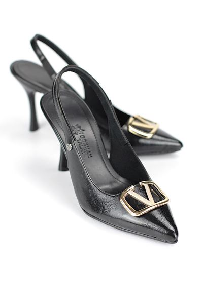 Hilda Esnek Yumuşak Kaymaz Taban (8 cm) Siyah Rugan  Açık Lastikli V Toka Kadın Topuklu Ayakkabı