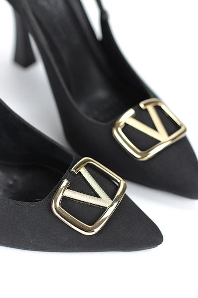 Melina Esnek Yumuşak Kaymaz Taban (10 cm) Siyah Süet  Açık Lastikli V Toka Kadın Topuklu Ayakkabı