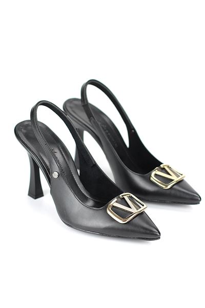 Melina Esnek Yumuşak Kaymaz Taban (10 cm) Siyah Cilt Açık Lastikli V Toka Kadın Topuklu Ayakkabı