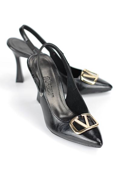 Melina Esnek Yumuşak Kaymaz Taban (10 cm) Siyah Rugan  Açık Lastikli V Toka Kadın Topuklu Ayakkabı