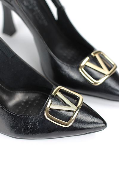 Melina Esnek Yumuşak Kaymaz Taban (10 cm) Siyah Rugan  Açık Lastikli V Toka Kadın Topuklu Ayakkabı