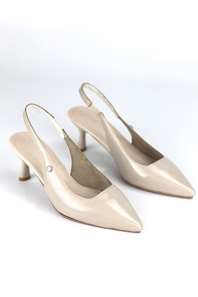 Magnolia Esnek Yumuşak Kaymaz Taban (4 cm) Bej Rugan  Açık Lastikli Kadın Topuklu Ayakkabı