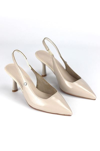 Vivienne Esnek Yumuşak Kaymaz Taban (7 cm) Bej Rugan Açık Lastikli Kadın Topuklu Ayakkabı