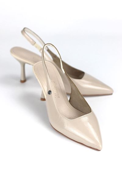 Vivienne Esnek Yumuşak Kaymaz Taban (7 cm) Bej Rugan Açık Lastikli Kadın Topuklu Ayakkabı