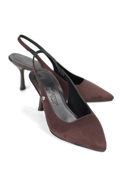 Vivienne Esnek Yumuşak Kaymaz Taban (7 cm) Koyu Kahve Süet Açık Lastikli Kadın Topuklu Ayakkabı