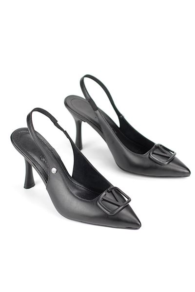 Rosalinda Esnek Yumuşak Kaymaz Taban (8 cm) Siyah Cilt  Açık Lastikli V toka Kadın Topuklu Ayakkabı