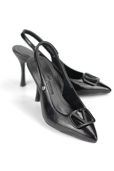 Rosalinda Esnek Yumuşak Kaymaz Taban (8 cm) Siyah Rugan  Açık Lastikli V toka Kadın Topuklu Ayakkabı