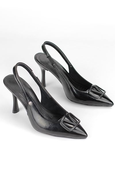 Rosalinda Esnek Yumuşak Kaymaz Taban (8 cm) Siyah Rugan  Açık Lastikli V toka Kadın Topuklu Ayakkabı