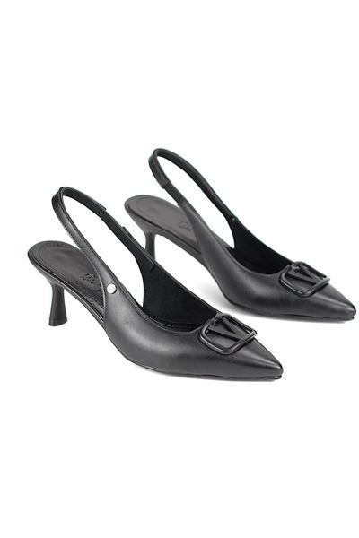 Lilith Esnek Yumuşak Kaymaz Taban (4 cm) Siyah Cilt Açık Lastikli V Toka Kadın Topuklu Ayakkabı