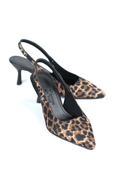 Magnolia Esnek Yumuşak Kaymaz Taban (4 cm) Leopar Açık Lastikli Kadın Topuklu Ayakkabı