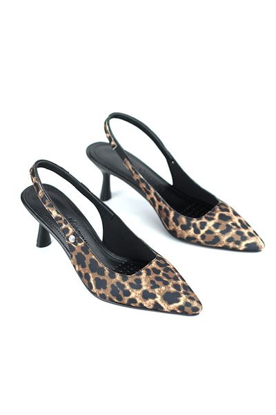 Magnolia Esnek Yumuşak Kaymaz Taban (4 cm) Leopar Açık Lastikli Kadın Topuklu Ayakkabı