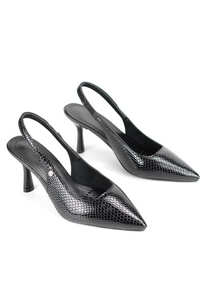 Vivienne Esnek Yumuşak Kaymaz Taban (7 cm) Rugan Yılan Baskı Açık Lastikli Kadın Topuklu Ayakkabı