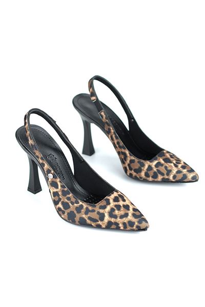 Margaret  Esnek Yumuşak Kaymaz Taban (10 cm) Leopar Açık Lastikli Kadın Kalın Topuklu Ayakkabı