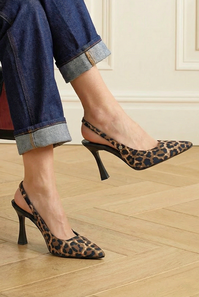 Margaret  Esnek Yumuşak Kaymaz Taban (10 cm) Leopar Açık Lastikli Kadın Kalın Topuklu Ayakkabı