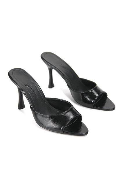 Zafira Esnek Yumuşak Kaymaz Taban (8 cm) Siyah Rugan Kadın Topuklu Terlik