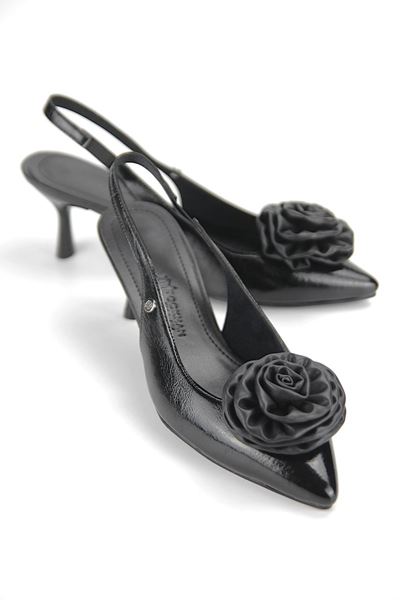 Rose Fairy Esnek Yumuşak Kaymaz Taban (4 cm) Siyah Rugan El Yapımı Gül Detaylı Açık Lastikli Kadın Topuklu Ayakkabı