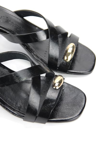 Zoryelle Esnek Yumuşak Kaymaz Taban (4 cm) Siyah Rugan  Çapraz Bantlı Tokalı Kadın Topuklu Terlik