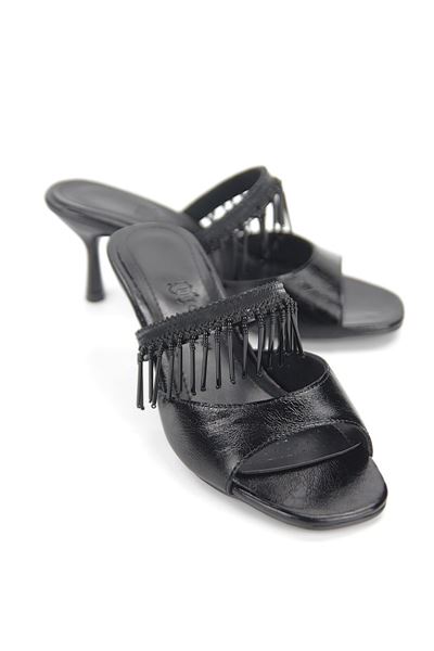 Tessa Esnek Yumuşak Kaymaz Taban (4 cm) Siyah Rugan Boncuk Püsküllü Kadın Topuklu Terlik