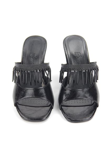 Frina Esnek Yumuşak Kaymaz Taban (8 cm) Siyah Rugan Boncuk Püsküllü Kadın Topuklu Terlik