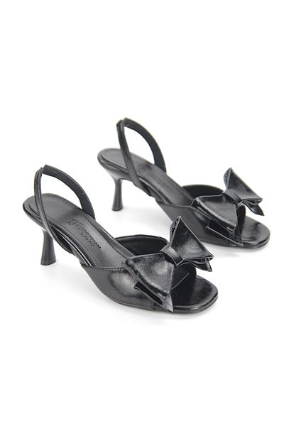 Liora Esnek Yumuşak Kaymaz Taban (4 cm) Siyah Rugan Fiyonk Detaylı Kadın Topuklu Ayakkabı