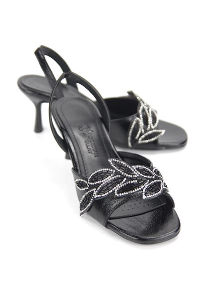 Arlen Esnek Yumuşak Kaymaz Taban (4 cm) Siyah Rugan Taşlı Yaprak Detaylı Kadın Topuklu Ayakkabı