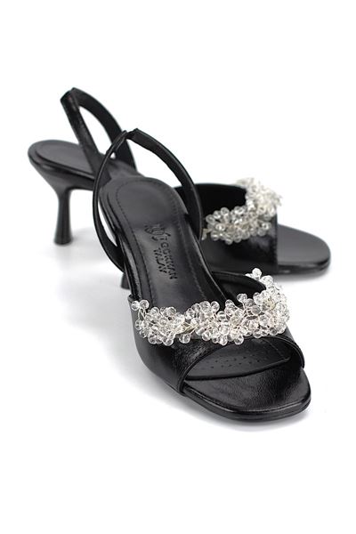 Lumira Esnek Yumuşak Kaymaz Taban (4 cm) Siyah Rugan El Yapımı Şeffaf Boncuk Detaylı Kadın Topuklu Ayakkabı