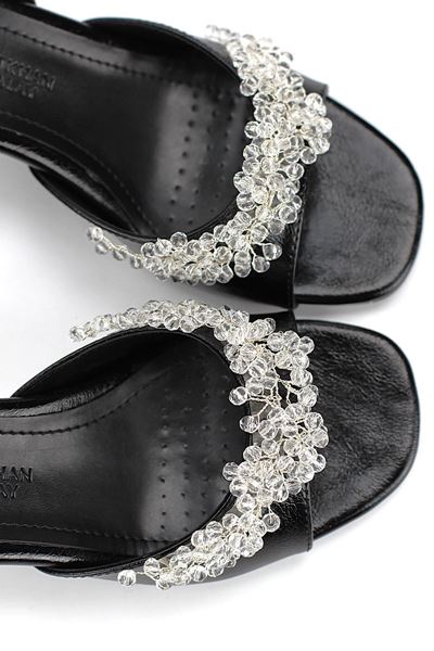 Lumira Esnek Yumuşak Kaymaz Taban (4 cm) Siyah Rugan El Yapımı Şeffaf Boncuk Detaylı Kadın Topuklu Ayakkabı