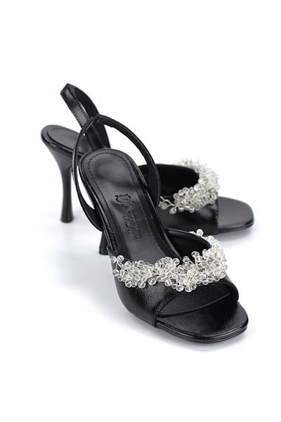 Vela Esnek Yumuşak Kaymaz Taban (8 cm) Siyah Rugan El Yapımı Şeffaf Boncuk Detaylı Kadın Topuklu Ayakkabı