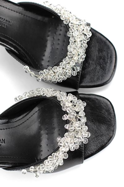 Vela Esnek Yumuşak Kaymaz Taban (8 cm) Siyah Rugan El Yapımı Şeffaf Boncuk Detaylı Kadın Topuklu Ayakkabı